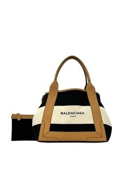 Balenciaga Tote Navy Cabas S Beige Black D Canvas Leather Border Handbag